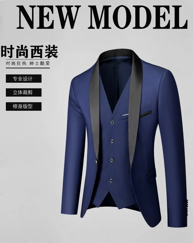 US-Größe Herren Anzug-Set mit Revers und Schwarzem Kragen, 3-teilig: Mantel, Weste, Hose / Business-Bräutigam-Hochzeitsanzug, Formeller Blazer, Hose, Weste – Detail 3