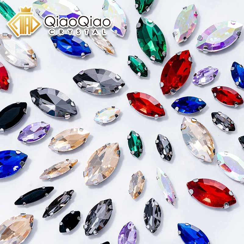 QIAO Mix Size 50Pcs Navette Sliver Claw Rhinestones Setting Shape Glass Crystal Sew On Rhinestone Wedding Dress Shoes Bags DIY