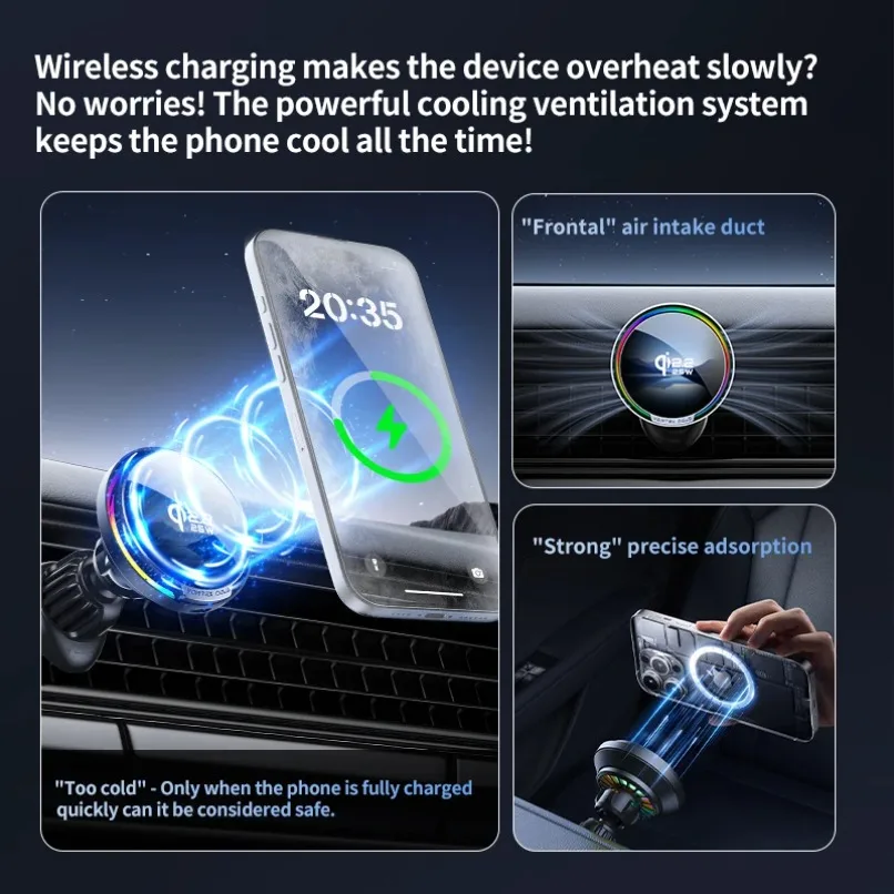 360° Rotate Cooling Qi2 25W Magnetic Car Wireless Charger Holder RGB Light Stand For Magsafe iPhone 17 Pro Max Samsung S26 Ultra view 6