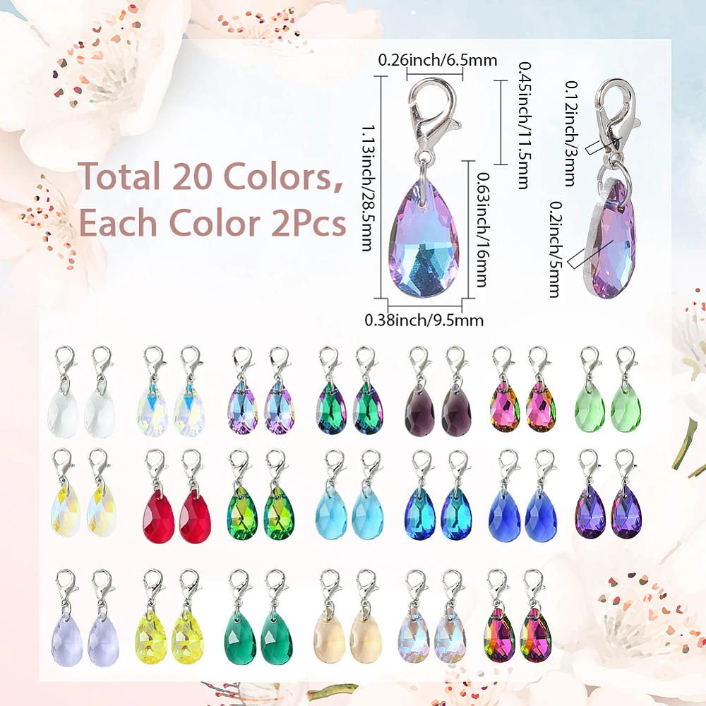 1Box 40Pcs 20 Colors Glass Stitch Markers Cute Knitting Markers Bulk Teardrop Faceted Sewing Removable Hooks Lobster Claw Clasps