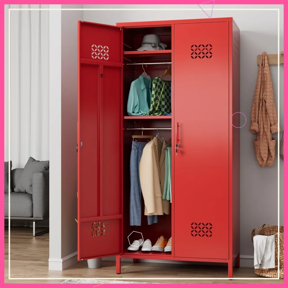 180 cm hoher Metall-Kleiderschrank mit verstellbaren Regalen, Kleiderstange, Lüftungslöchern, Rot - Einfache Montage