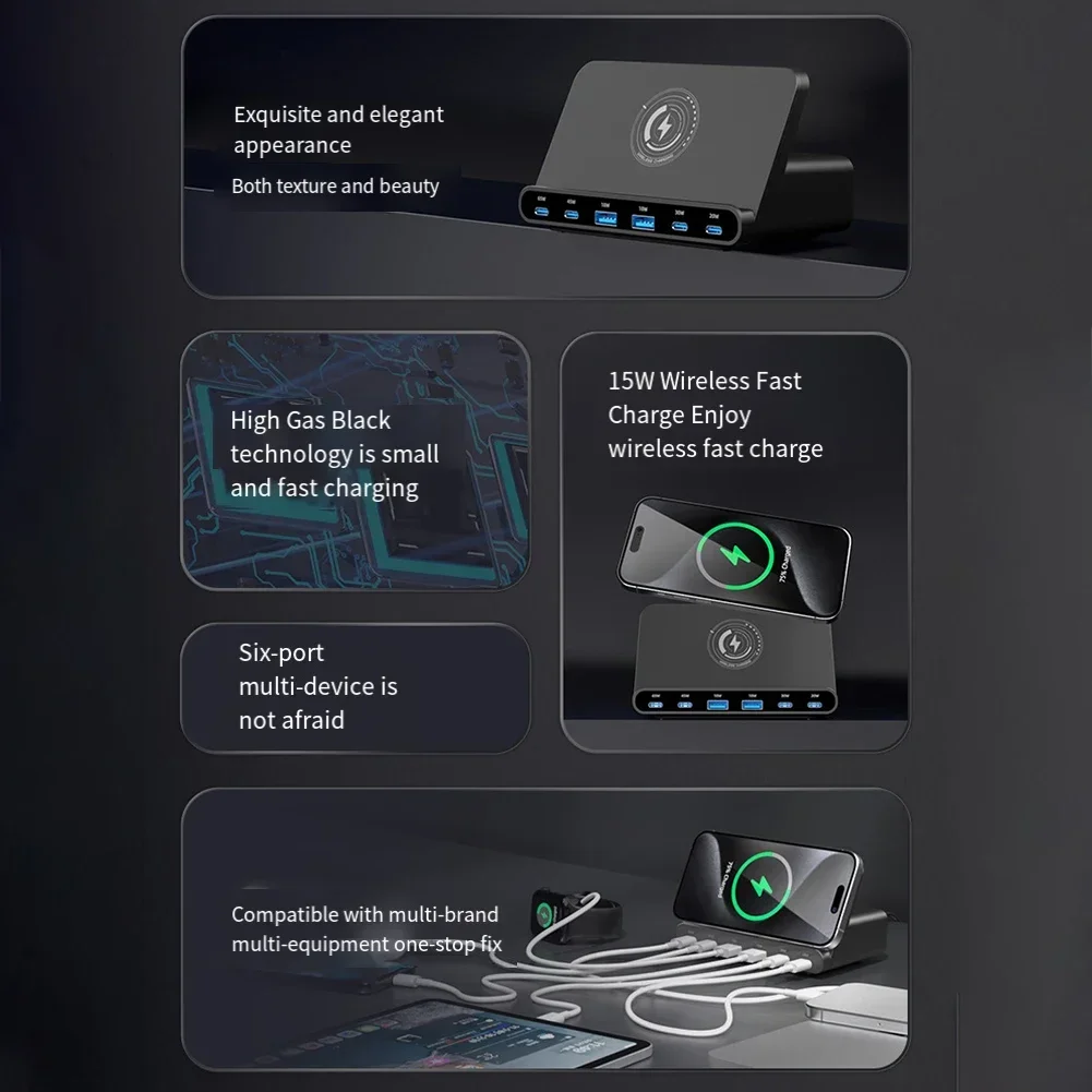 휴대폰 무선 충전기 스탠드, 고출력 GaN USB C 충전기, 다중 포트, 휴대폰용 고속 충전