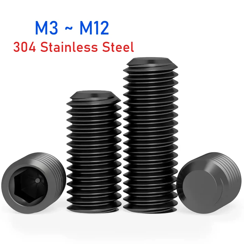 Peijian M3 M4 M5 M6 M8 M10 M12 Black 304 Stainless Steel Allen Hexagon Socket Flat Point Set Screw End Grub less Bolt