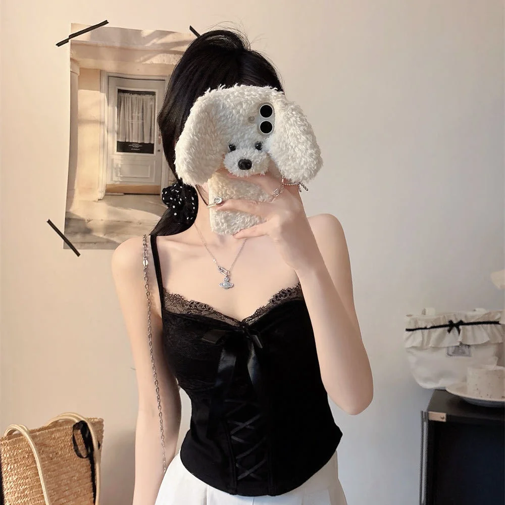 Summer New Pure Desire Lace Splice Knot Strap Vest Women  Knot Integrated Chest Pad Top Women's Fashion Lace Vest