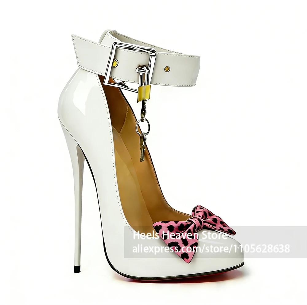 

16cm Pointed Toe Stilettos Ankle Strap Lock Buckle Leopard Bow Colorblock Patent Lacquered Heels Sexy Party Dress Pumps Ladies