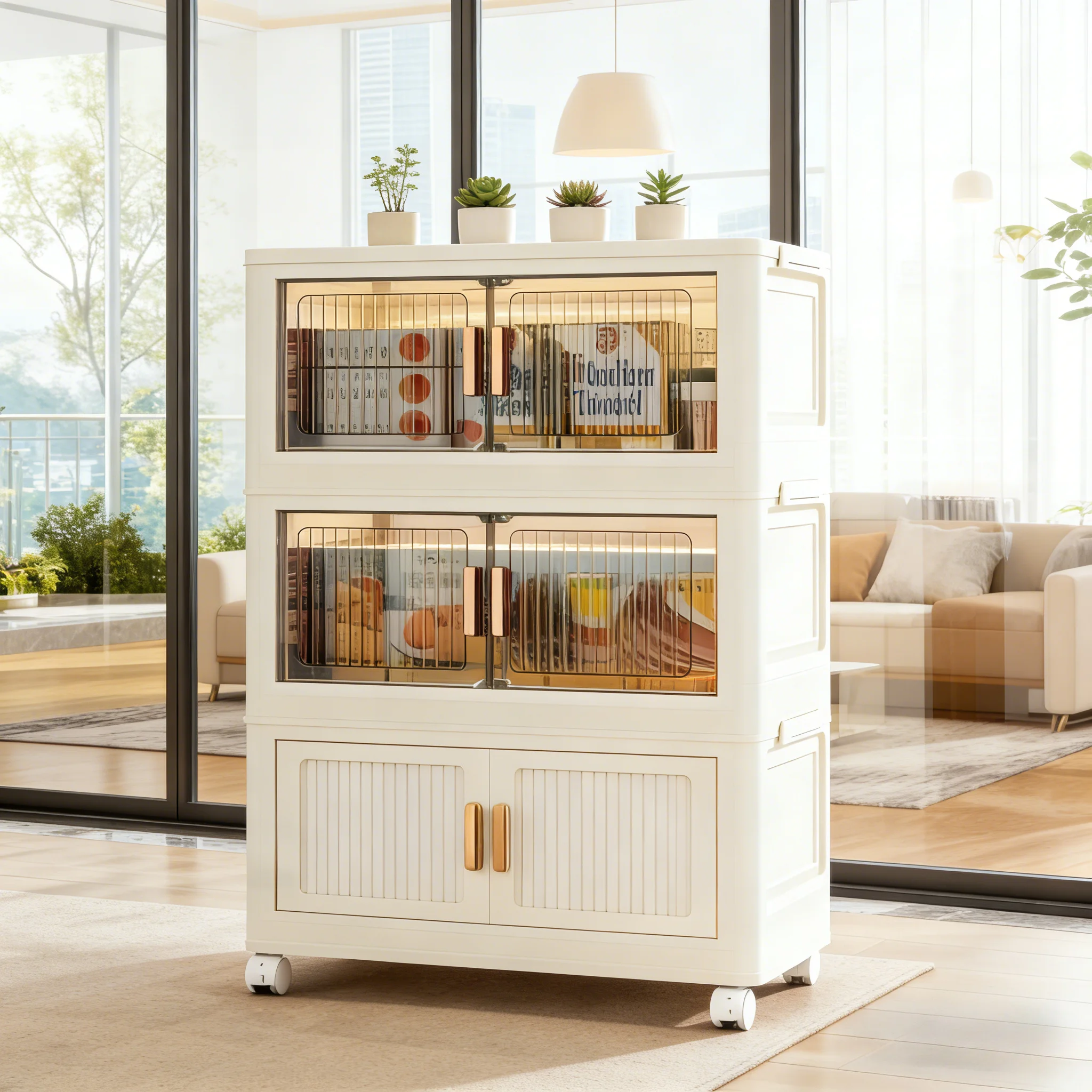 Faltbarer Aufbewahrungsschrank mit Türen und Rollen. 3 Ebenen, langlebiger Kunststoff. Große Kapazität, einfach zu montieren. Platzsparend!