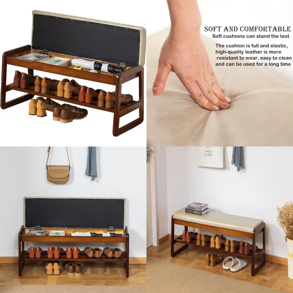 

Grey Latifolia Solid Wood Entryway Shoe Bench with Cushion and Flip-Open Storage, 2-Tier Organizer, 39.70'' Long