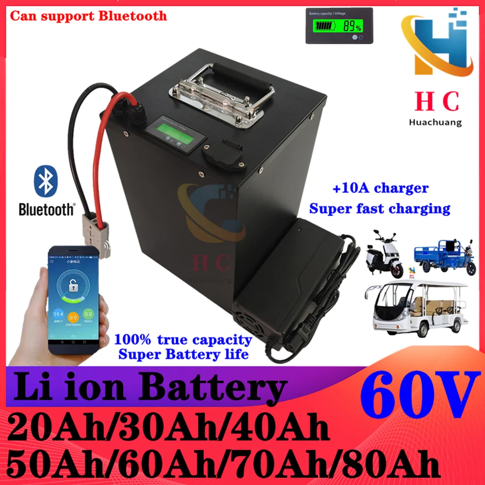 62.9V 60V 60 80Ah lithium ion battery BMS 16S 62.9V 63V li ion battery for 3000w scooter bike Tricycle Motorcycle +10A charger