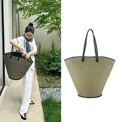 FIRMRANCH Artistic Style High-Quality Military Green Canvas Patchwork Cowhide Casual Women's Fan-Shaped Tote Single Shoulder Bag