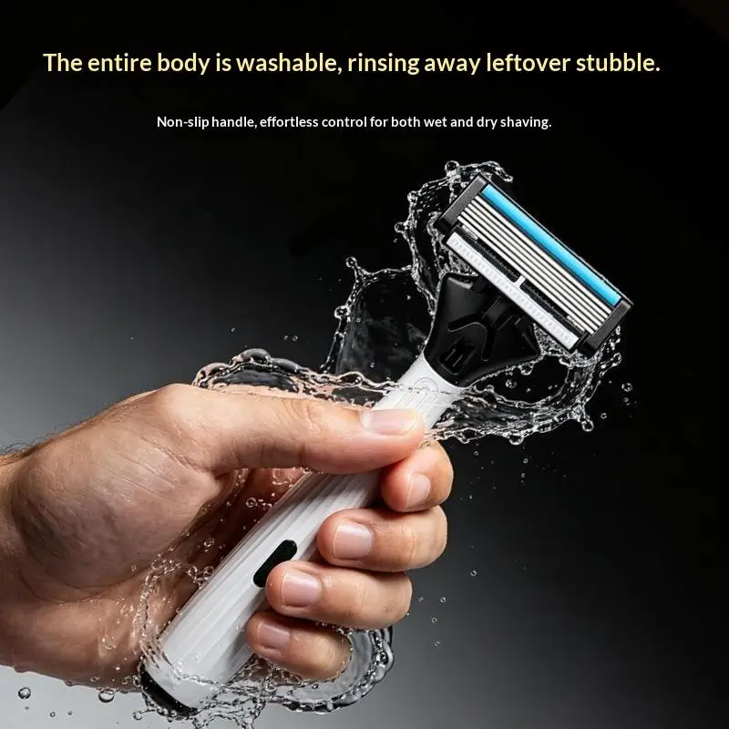 6 Blade Manual Men's Shaving Razor Non-Slip Grip Handle 4 Refills for Smooth Shave Home Travel Use