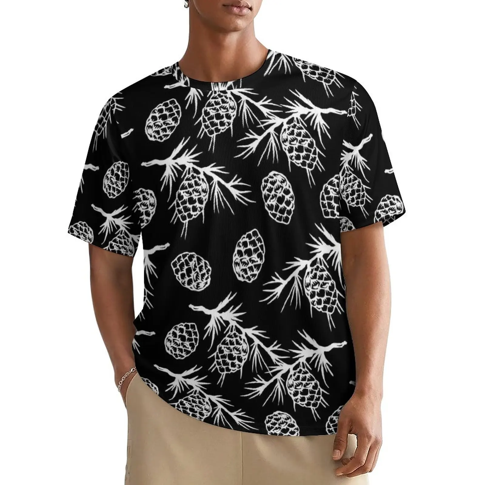 Premium T Shirt White Pine Cones T Shirts Festive Fall Print Y2K Fun Fashion Tees For Men Short Sleeve Graphic Oversized Tops