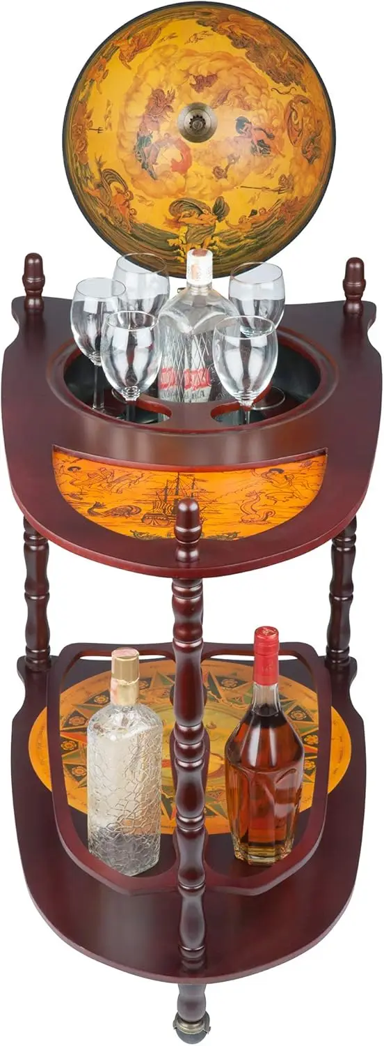 Toscano Globe Bar Liquor Cabinet, Design sobre Rodas, 27 Polegadas de Largura, 18 Polegadas Profundas, 34 Polegadas de Alta, Tom Sépia