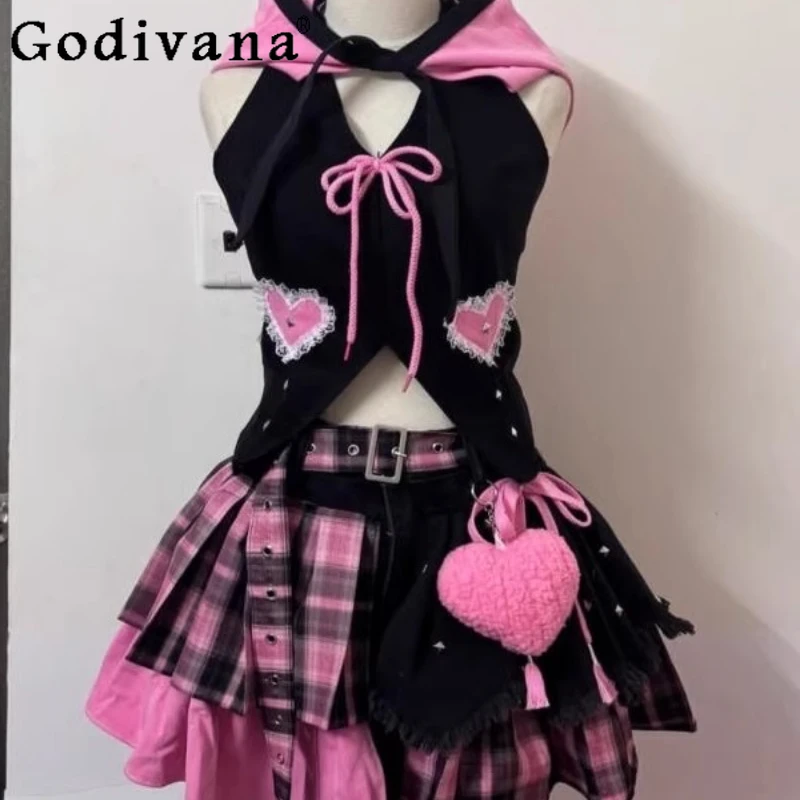 

Летний субкультурный наряд, женский милый крутой Y2K, розовый, черный топ, нерегулярная пышная юбка, костюм, женский комплект с юбкой в стиле японской Лолиты