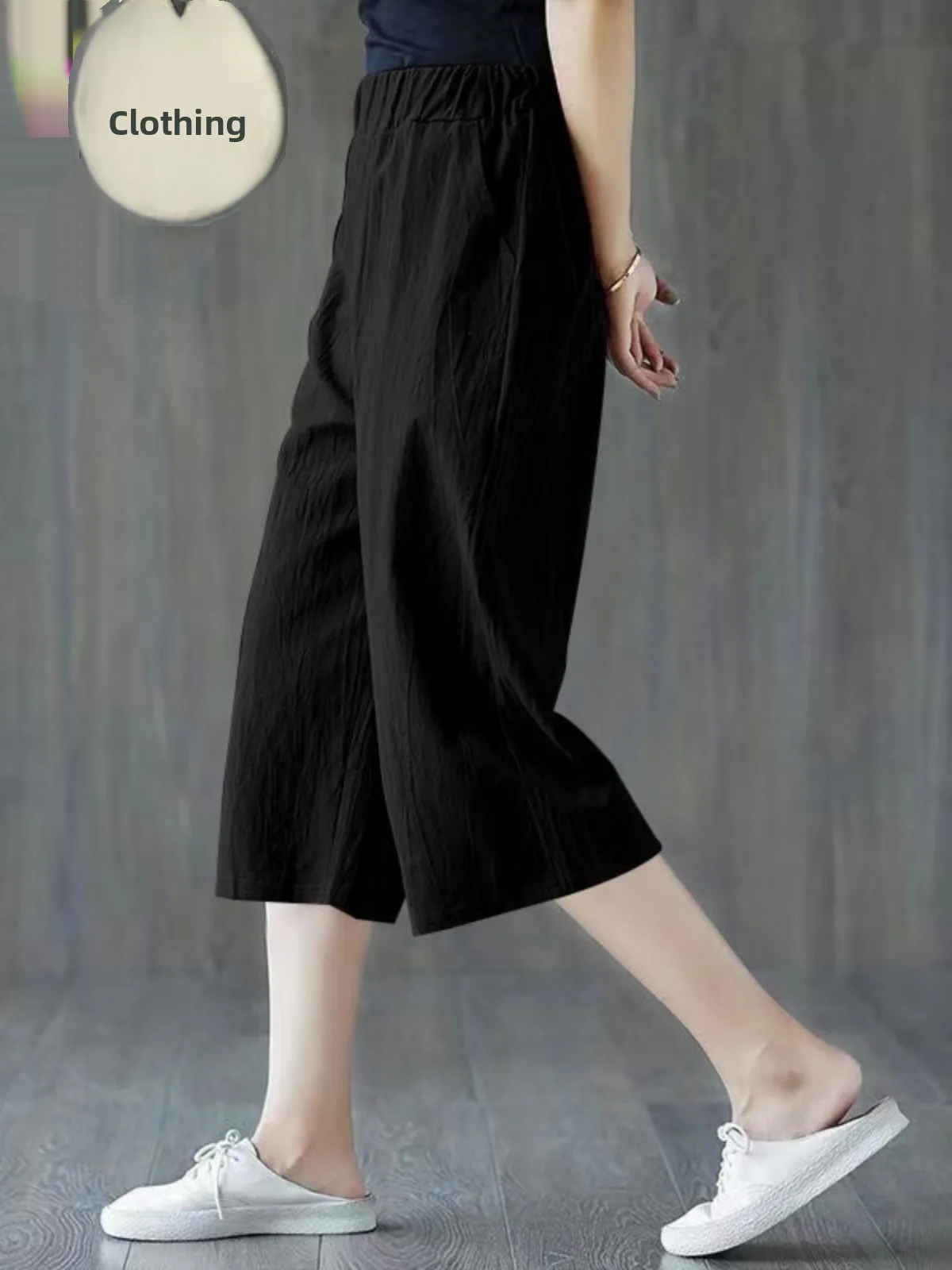 Pure Linen Wide Leg Pants Women's Casual Elastic Waist Cotton Linen Spring Summer Long Pants Loose Fit Casual Trousers