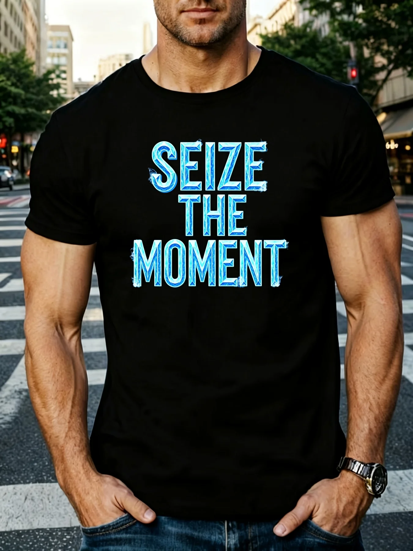Men's T-Shirt, Seize the Moment with Neon Glitter Pattern, Casual Summer Wear, a Retro Casual Crew Neck Printed T-Shirt for Him