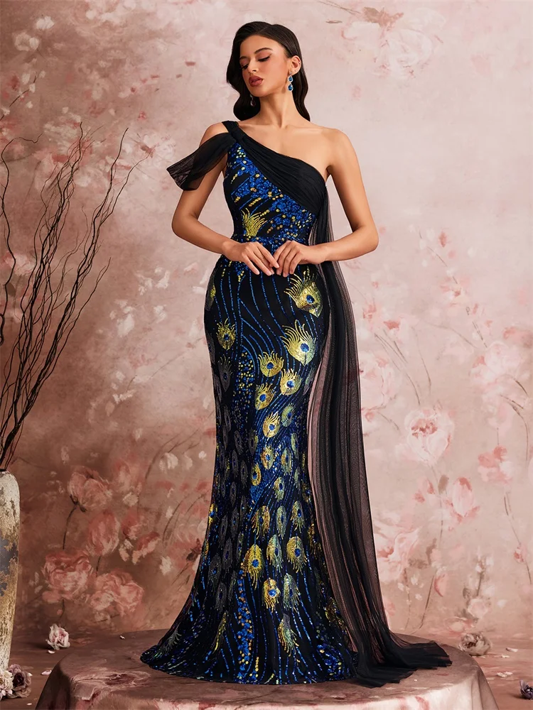Luxury Slanted Shoulder Sequins Evening Dresses Woman Waist-cinching Mermaid Wedding Party Elegant Long Formal Prom