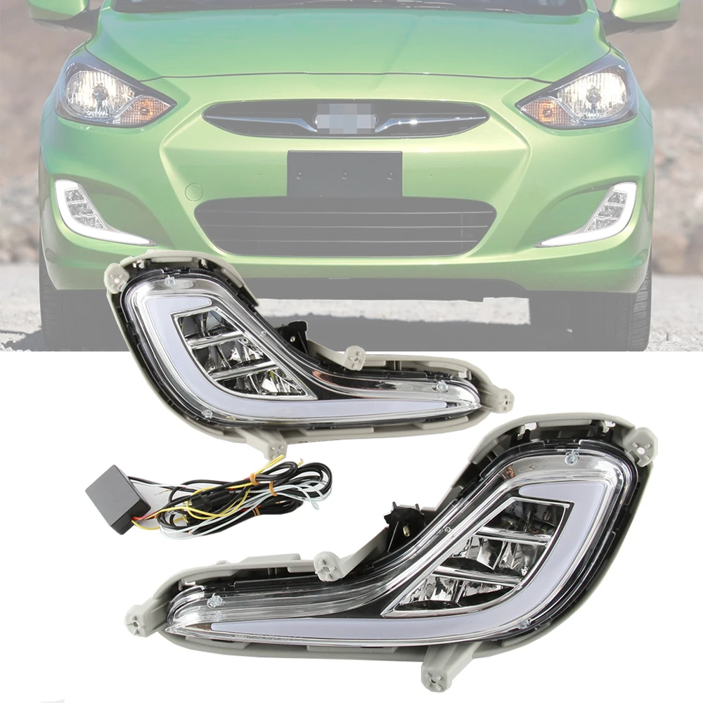 2Pieces Car LED Daytime Running Lights Fog Lamp Cover Turn Signal Yellow DRL LED Fog Lights For Hyundai Accent Solaris 2010~2016