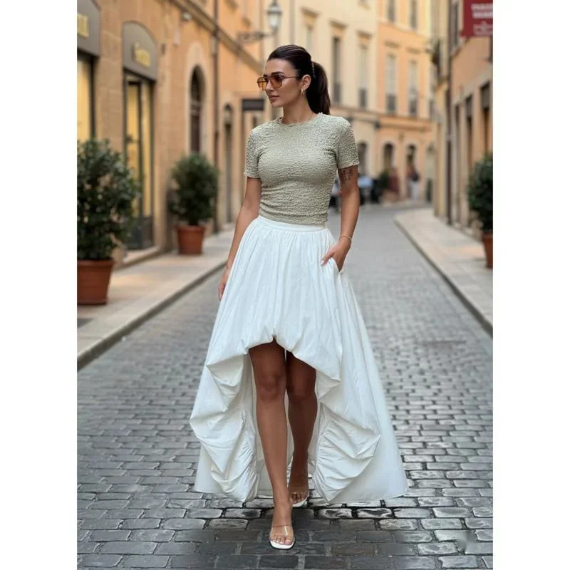 

Women Cotton Bubble Hem Skirt High Waist Irregular Midi Skirt Spring Summer Streetwear Casual A Line Daily Wear Party Look Chic