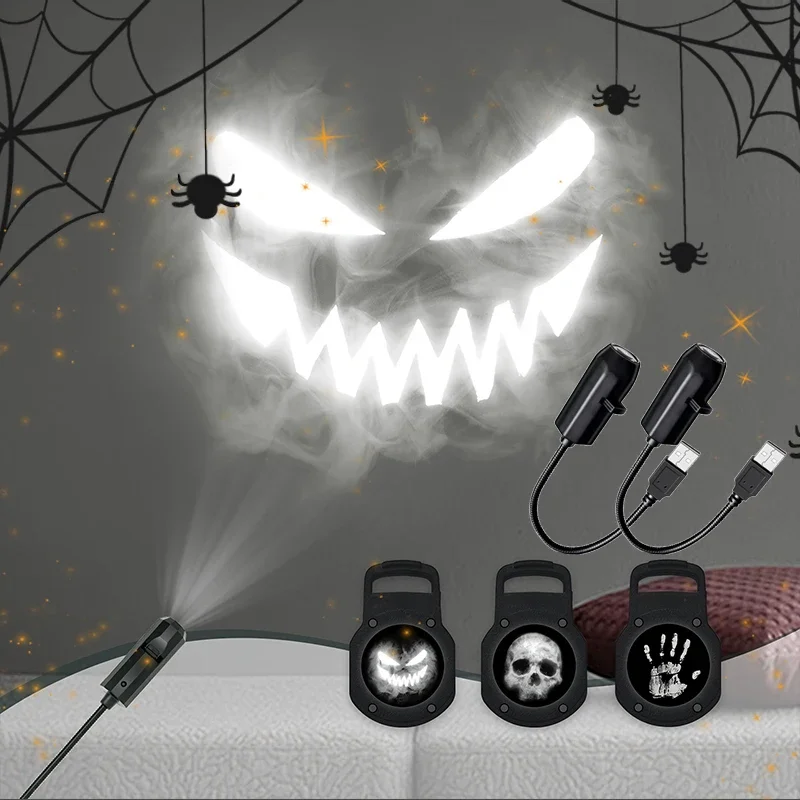 Halloween USB Projector Light Decorative Horror Atmosphere Light, with 3 Replaceable Lights Skull Devil Ghost, for Home/Car