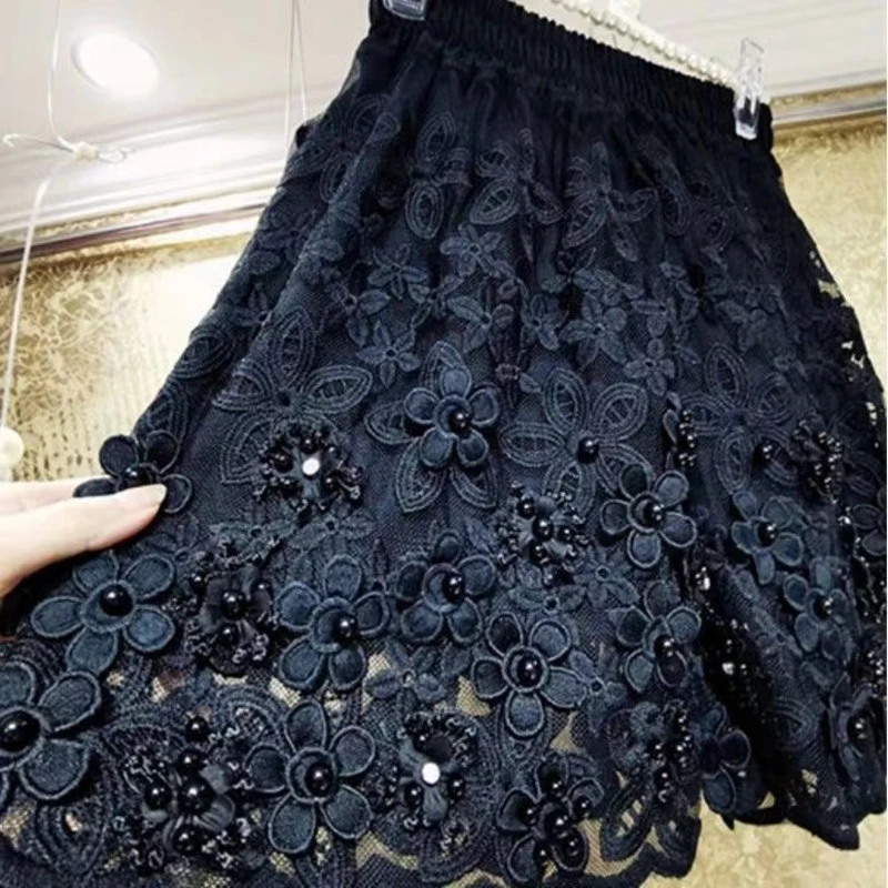 

Pearls Beaded Flowers Lace Embroidery Pantalones Cortos Black Wide Leg Shorts Women's Short Pants Elastic Waist Short Trousers