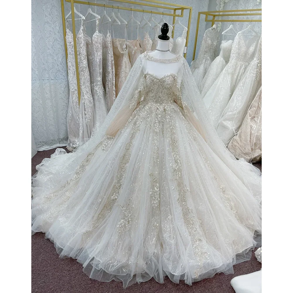 Gorgeous Off The Shoulder Long Sleeves Bride Dress Fashion Appliques Sequined Chapel Train Ball Gowns Elegant Wedding Dress