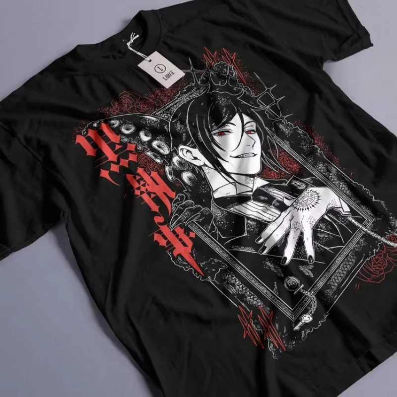 Black Butler Anime Graphic T-shirt Vintage Washed Ciel Phantomhive Sebastian Manga Merch Harajuku Unisex Oversized 2026 Tee Tops
