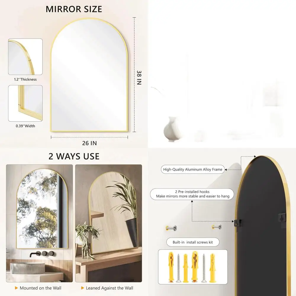 

Большое арочное настенное зеркало 38x26 с металлическим каркасом для туалетного столика, золотая отделка