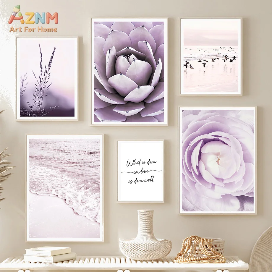 AZNM Soft Purple Coastal Canvas Print Succulent Peony Flower Beach Ocean Bird Inspirational Quote Boho Bedroom Unframed Wall Pos