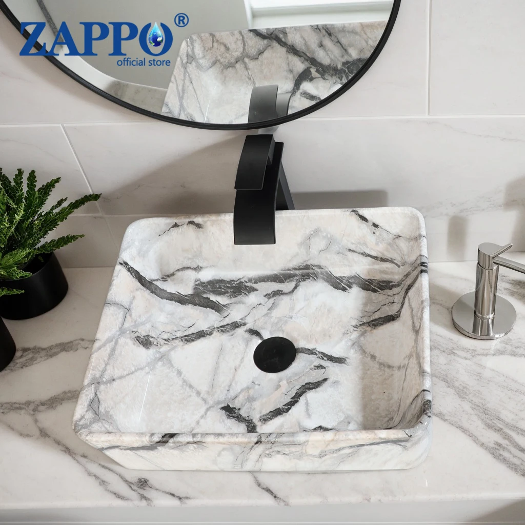 ZAPPO quare Marble Pattern Ceramic Vessel Sink Set, Bathroom Countertop Wash Basin with Matte Black Waterfall Tall Faucet Combo