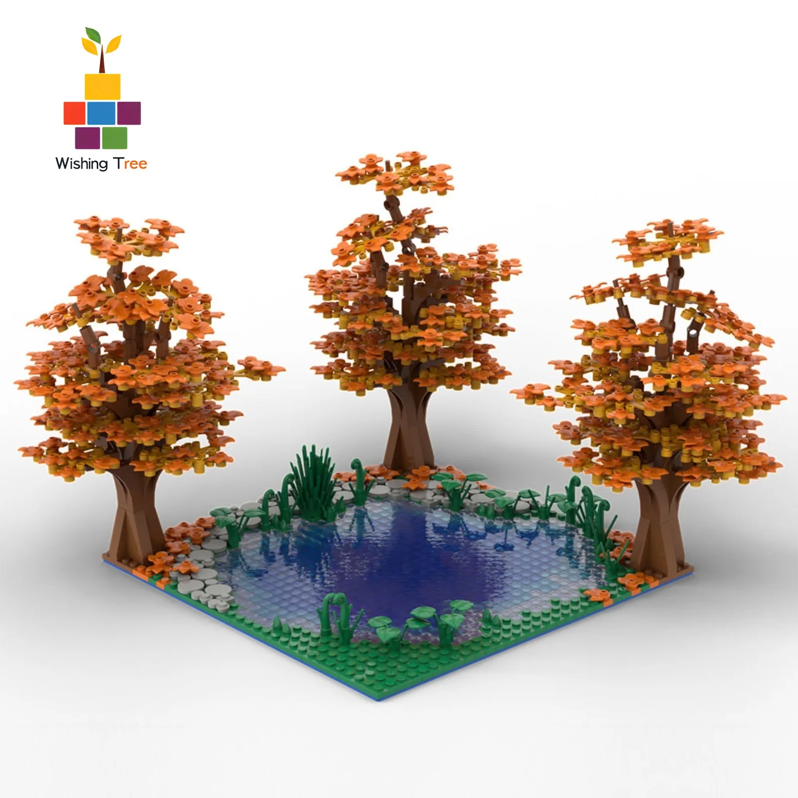 Creative Small Building Blocks Autumn Maple Tree Scene Set with Lake Stones Grass