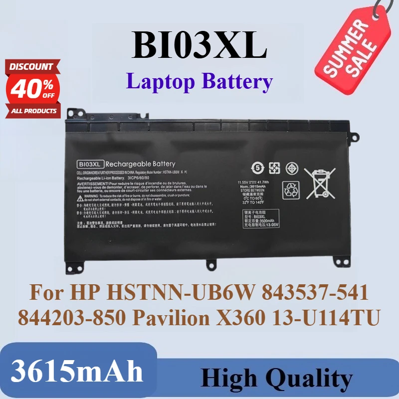 

New BI03XL 11.55V 3615mAh Replacement Laptop Battery For HP HSTNN-UB6W ON03XL 843537-541 844203-850 Pavilion X360 13-U114TU