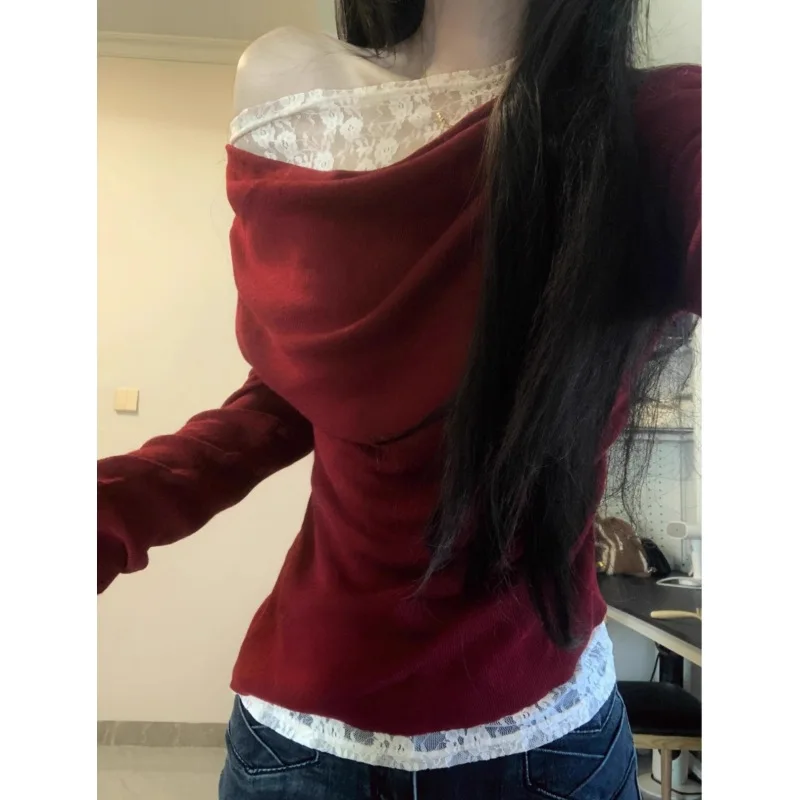 

Spring New Arrival Women's Lace Splice Slim Fit Long Sleeve T Shirt under Shirt Shoulder Ruffle Design Base Layer Top
