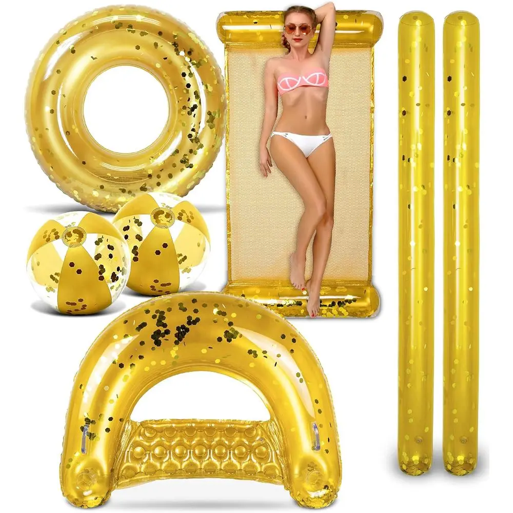 

Iatable Full House Bundle - Premium Luxurious Sparkle Confetti 36" Pool Float Tube, 16" Beach Balls, 74" Pool Noodles, 48" Pool