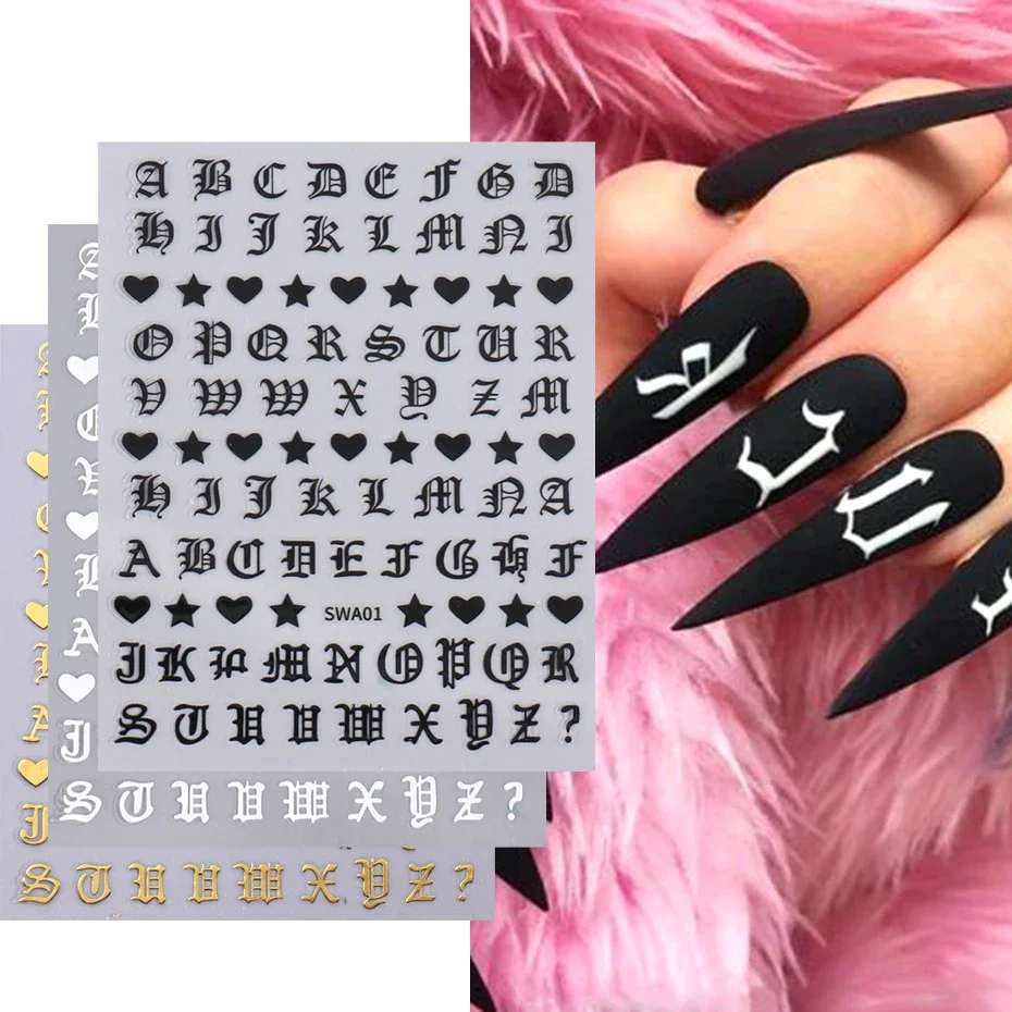 3D Roman Letter Nail Stickers Golden Silver Black Alphabet Design Self Adhesive Decal English Words Sliders Manicure Decoration