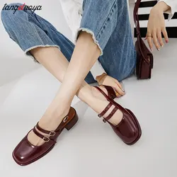 Women Sandals Summer Shoes Woman low heels Double Buckle Mary Janes Shoes Patent Leather Dress Shoes Back Strap Zapatos Mujer