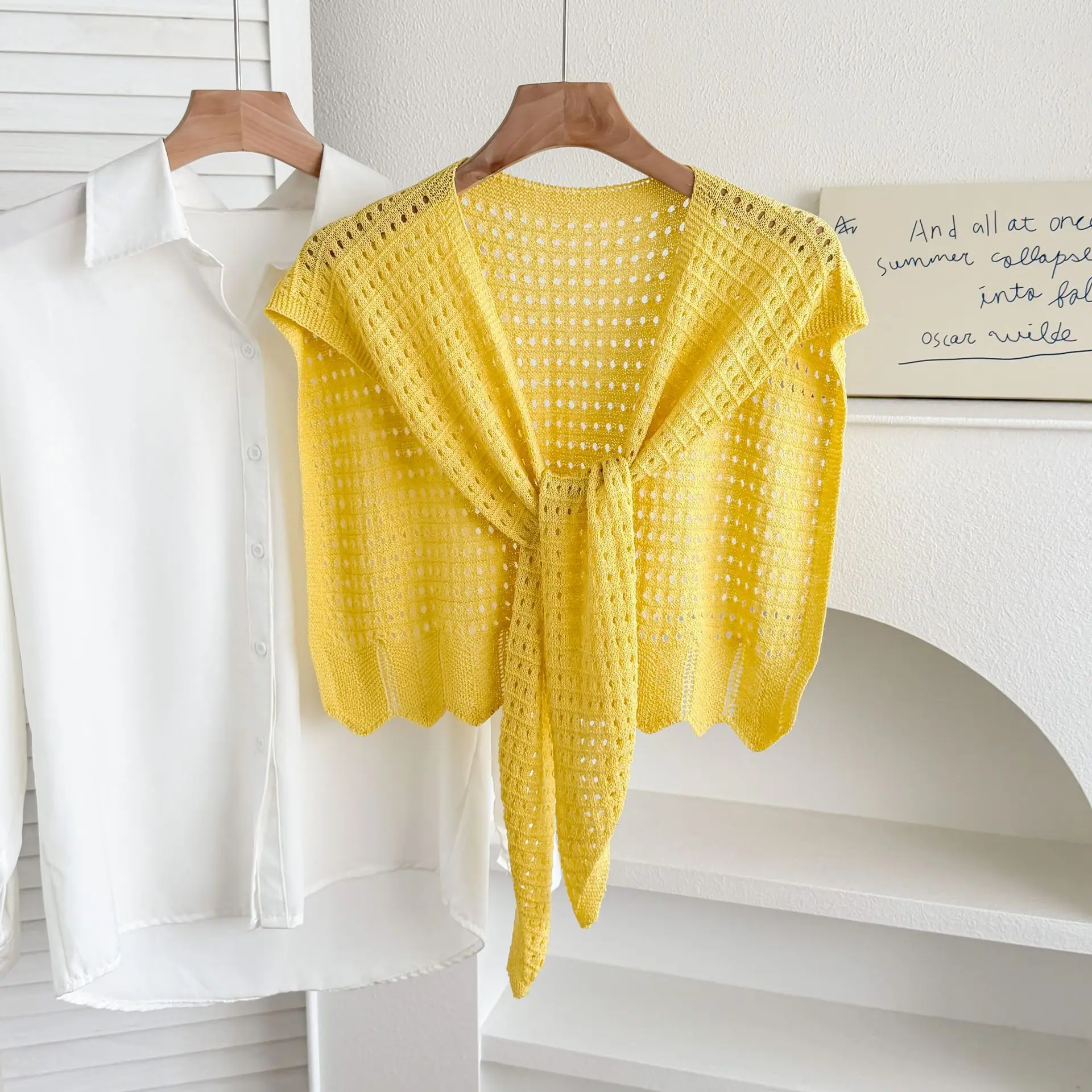 Women Hollow Out Knitted Shawl Ice Silk Feel Shoulder Neck Wrap For Spring Summer Air Conditioned Room Versatile Tie Front Shrug