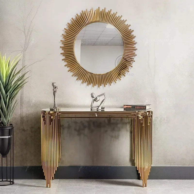 

Light luxury stainless steel titanium gold porch table tempered glass hotel living room