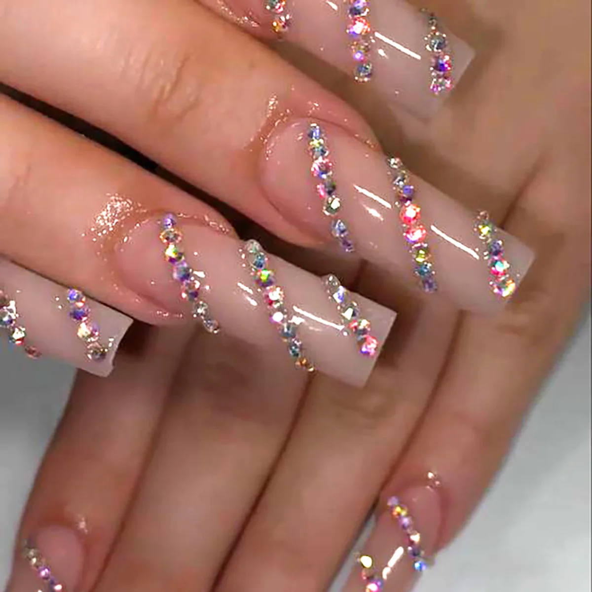 

24Pcs Long Square Head Fake Nail Simple Diamond Full Cover False Nails Tips with Jelly Glue Wearable Artificial Press on Nails
