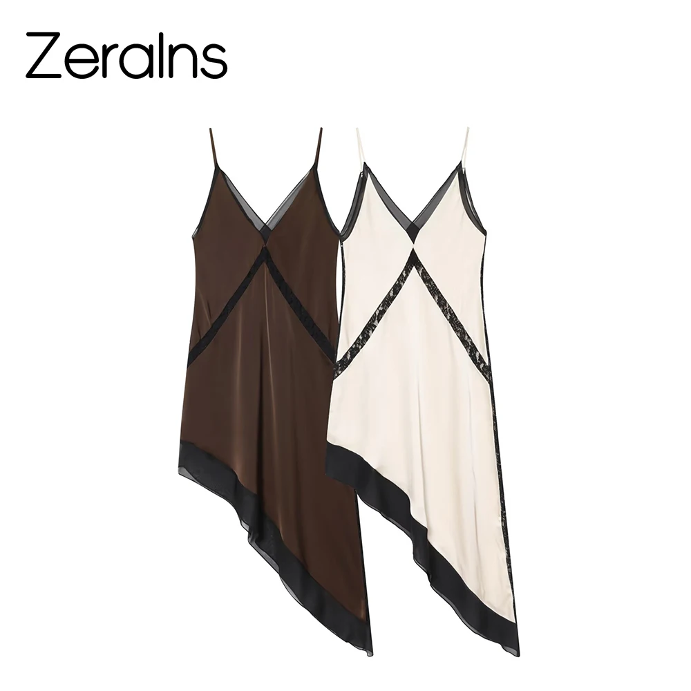 ZERAINS 2025, neues Winterprodukt, französisches, sexy, asymmetrisches Midikleid aus Satin mit Spitze und Riemen