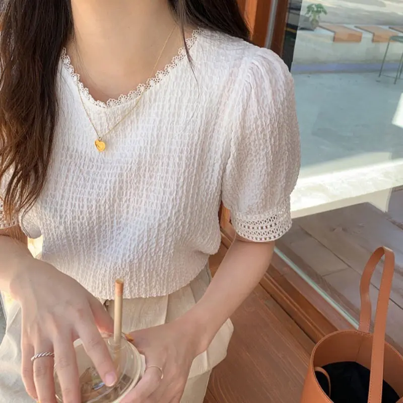 Korean Chic Puffed Sleeve Top Women's Summer New Style Lace Cutout Frill Spliced Pleated White Shirt