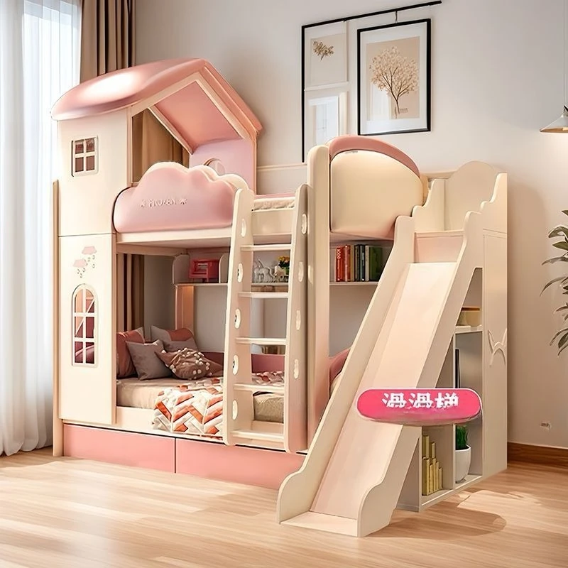 Children's bed double bed girl princess up and down child and mother bed Frozen theme castle multi-function combination slide