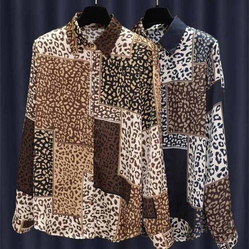 

European Female Leopard Print Shirts Tops Retro Women Lapel Printed Shirts Coat Spring Summer Ladies Fashion Long Sleeves Blouse