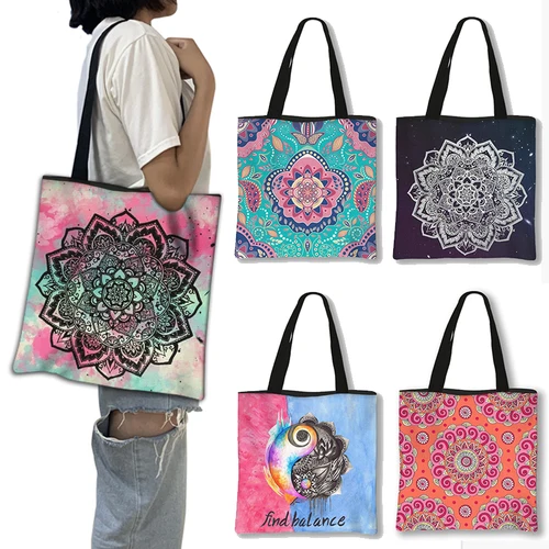 Bolso de mano con flores Datura, bolsos de compras para mujer, bolso de hombro con estampado Floral de Mandala para viaje, bolsos de gran capacidad, regalo
