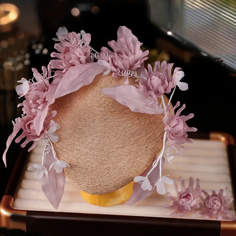 Bridal Hair Accessories Mori Sweet Wedding Garland Leaf Purple Ear Clip Earrings Photo Studio Wedding Dress Photo