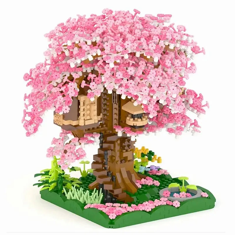 اللبنات الصغيرة بيت شجرة زهر الكرز ثلاثية الأبعاد نموذج تجميع الطوب لتقوم بها بنفسك ديكور المنزل اللعب الهدايا #1