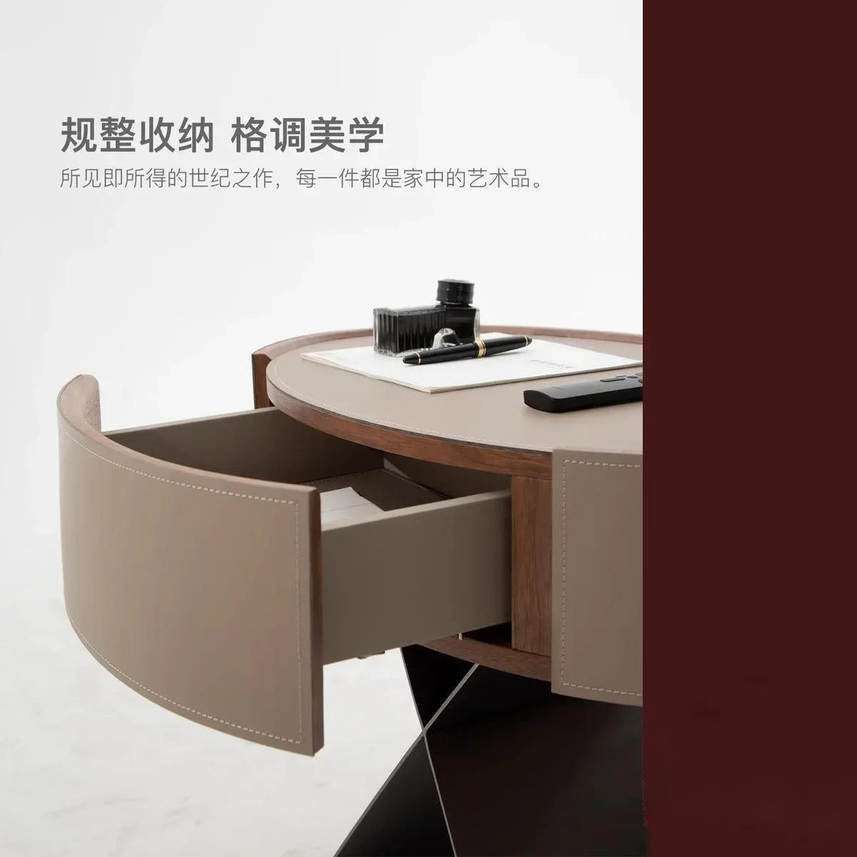 Table de chevet design minimaliste italien, selle ovale, meuble de chevet en cuir, acier inoxydable, léger, luxe, haut de gamme, bois massif c