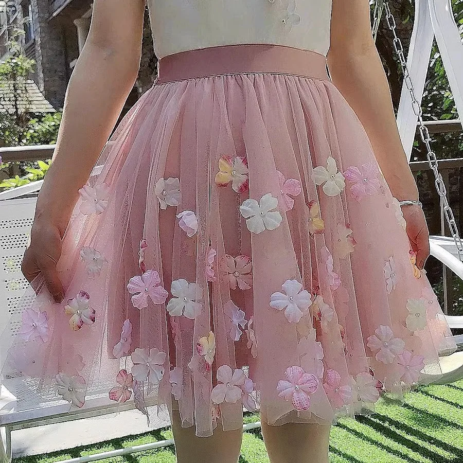 Fairy Woman High Waist Three-layers Mesh Spliced Skirt 3D Floral Petals Pearls Beaded Gauze Pleated Patchwork Half A-Line Faldas