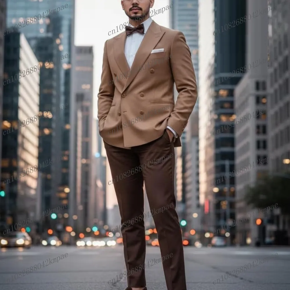 

New Brown And Dark Brown Men Formal Tuxedos Groom Groomsman Wedding Party Prom Male Business Suit 2 Piece Set Blazer Pants