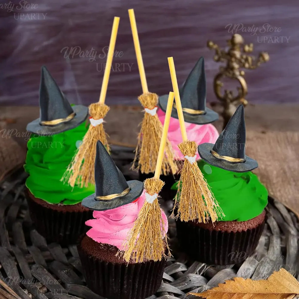 12 Stück Halloween Hexenhut Cupcake Topper Harz Hexenhüte Besen Kuchen Topper für Zauberer Geburtstag Happy Halloween Kuchen Dekor Favo – Detail 6