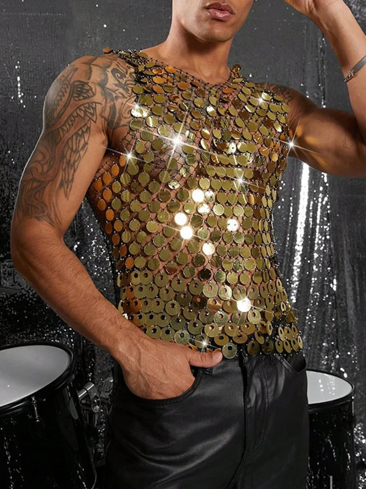Sexy Hollow Out Transparent Sequin Tops Men Clubwear Fashion Shiny Glitter Tank Tops Summer Mens Stylish Sleeveless O Neck Vest